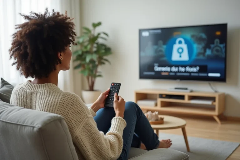 Femme regardant la télévision en direct sur 6play depuis son salon moderne