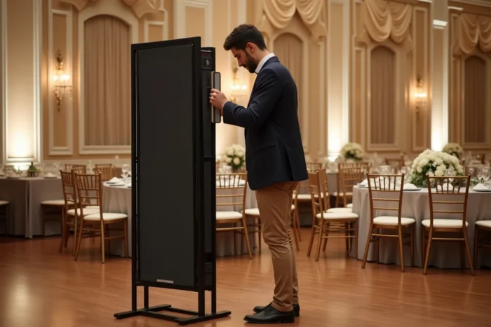 Photographe de mariage ajustant la hauteur d'un photobooth dans une salle de réception élégamment décorée