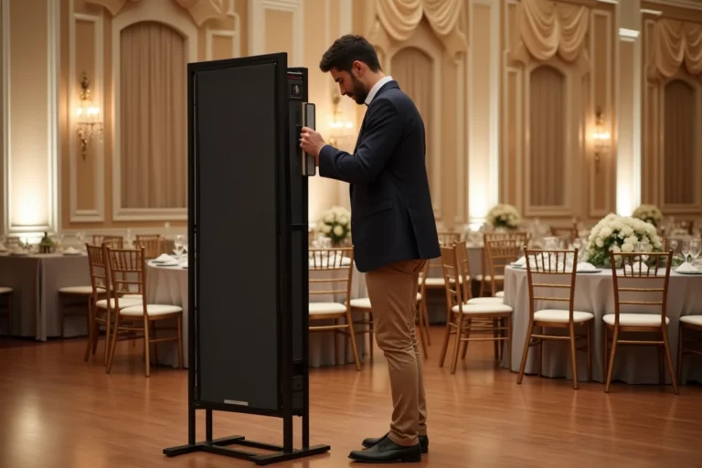 Photographe de mariage ajustant la hauteur d'un photobooth dans une salle de réception élégamment décorée