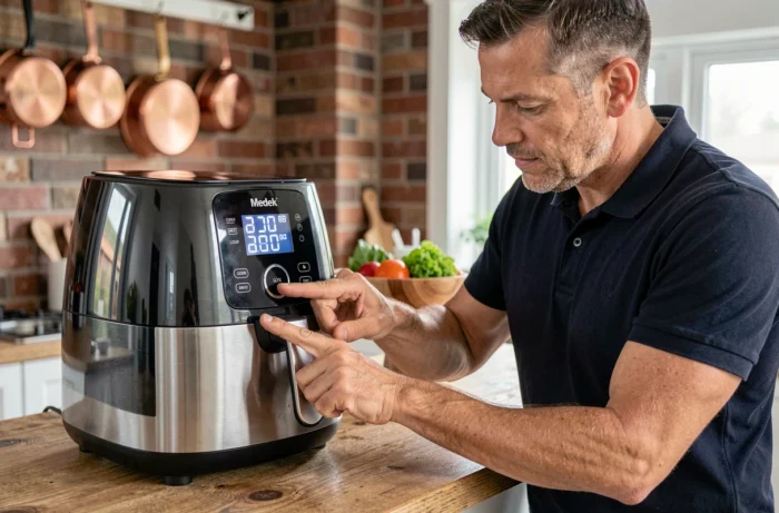 Homme réglant la température et le minuteur sur un air fryer Medek dans une cuisine au style industriel