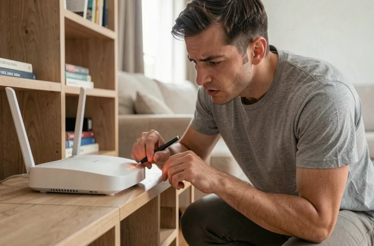 Homme réinitialisant sa box Bouygues après un code erreur S1 dans un salon moderne