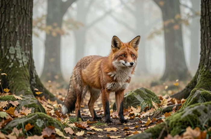 Renard roux sauvage dans une clairière forestière brumeuse en automne, entouré de feuilles dorées et de rochers couverts de mousse