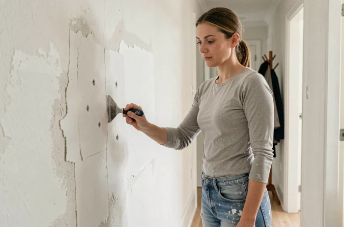 Une femme réalise une petite réparation murale en remplissant des fissures et trous avec de l'enduit