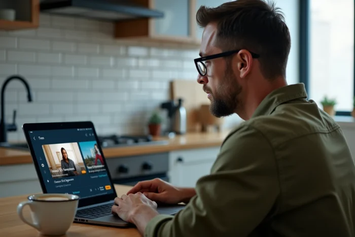 Homme utilisant un ordinateur portable pour accéder au replay de 6play dans la cuisine