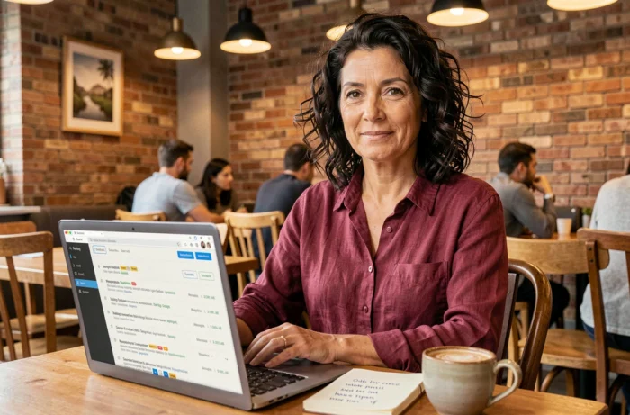 Une femme en café travaillant sur la recherche de mots-clés longue traîne et de requêtes conversationnelles