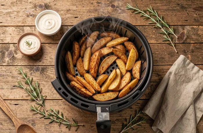 Légumes croustillants et pommes de terre dorées dans le panier d'un air fryer Medek ouvert sur une table en bois rustique