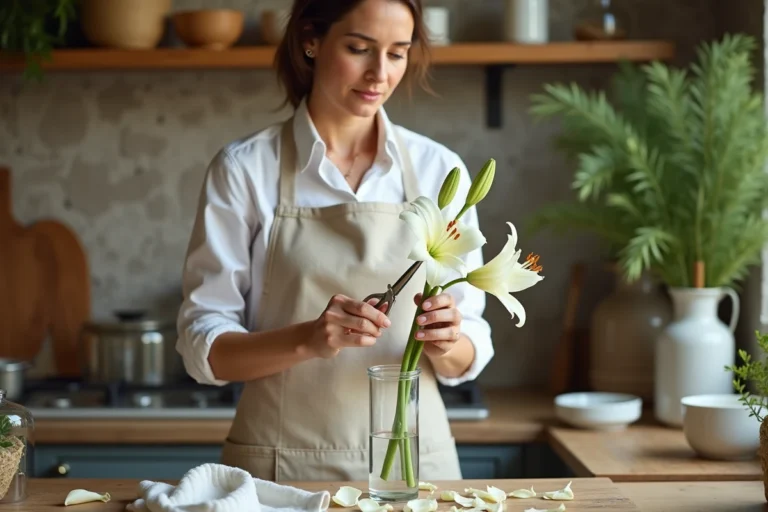 Femme retirant le pistil d'un lys blanc avec des ciseaux de fleuriste sur un plan de travail en bois rustique