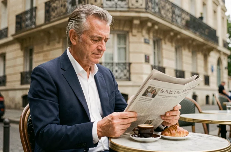 Retraité aisé français lisant un journal en terrasse de café parisien, vêtu d'un blazer marine élégant