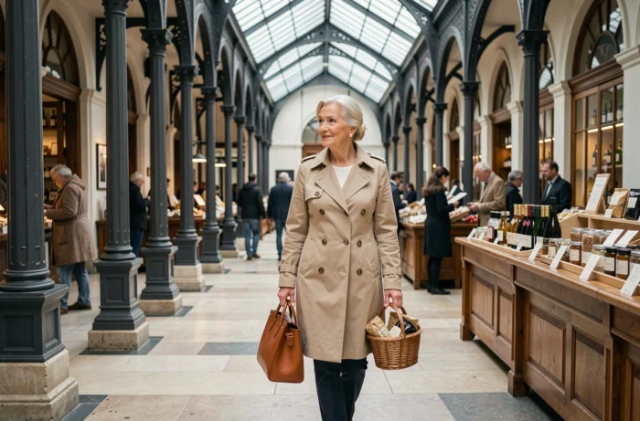 Retraitée aisée française faisant ses courses dans une galerie marchande de luxe, sac en cuir et manteau beige