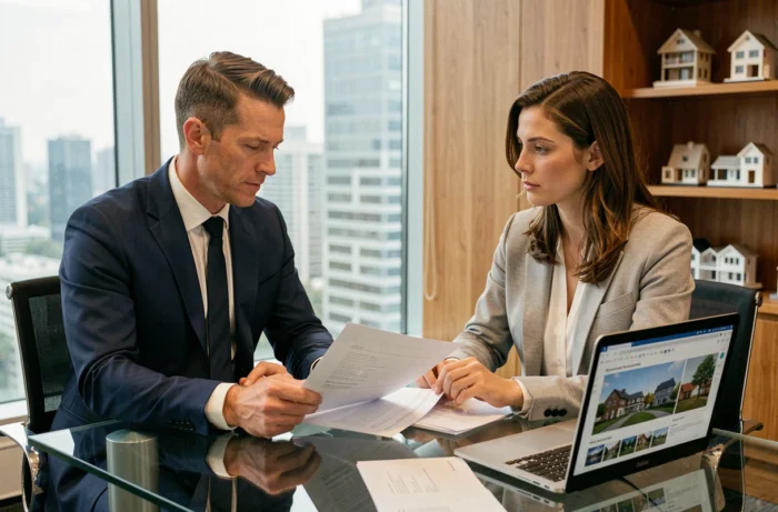Deux professionnels de l'immobilier international discutant de documents contractuels lors d'une réunion en bureau vitré avec vue sur la ville