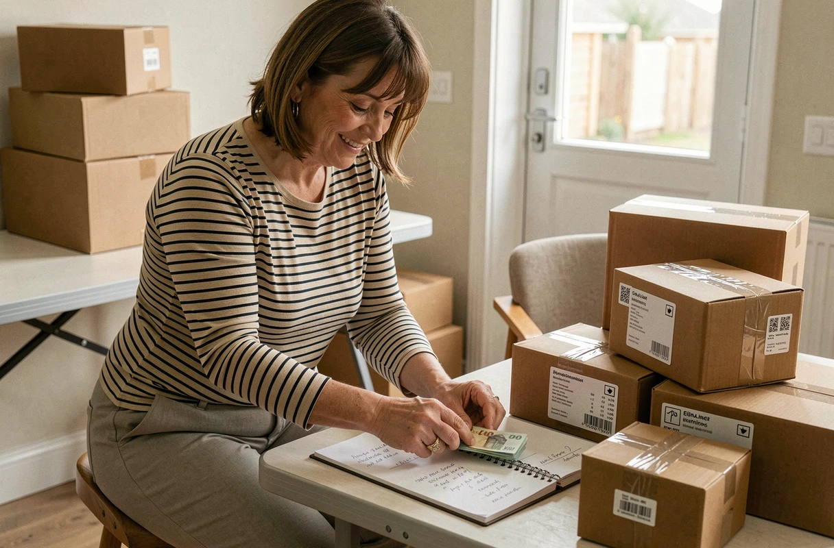 Femme comptant ses revenus issus du travail d'emballage à domicile entourée de colis prêts à l'envoi
