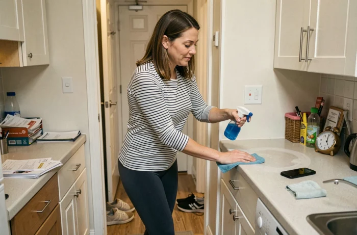 Une femme effectue une routine rapide de nettoyage de dix minutes dans son appartement avec un chiffon et un spray