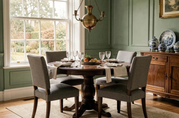 Salle à manger british chic avec table en noyer, chaises en tissu houndstooth et vaisselle transferware bleu et blanc