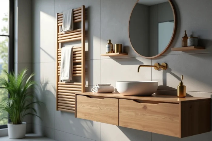 Salle de bain moderne avec équipements fonctionnels et stylés incluant robinetterie en laiton et accessoires en bambou
