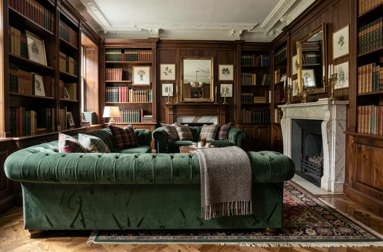 Salon de style british chic avec canapé Chesterfield en velours vert forêt, coussins tartan, bibliothèque en acajou et cheminée en marbre