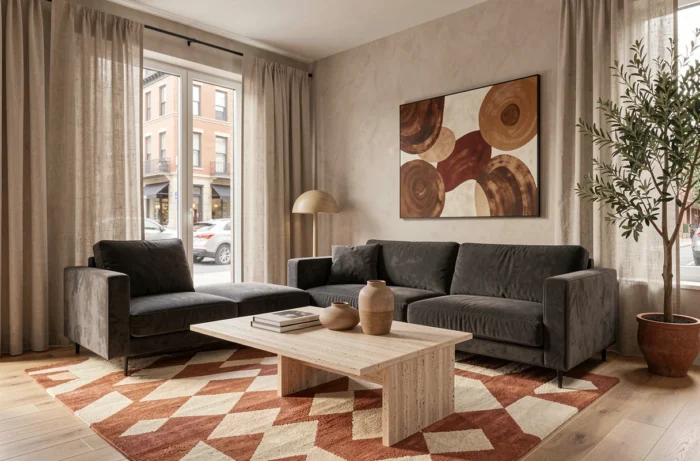Salon moderne et élégant entièrement rédecoré avec canapé velours et table en travertin