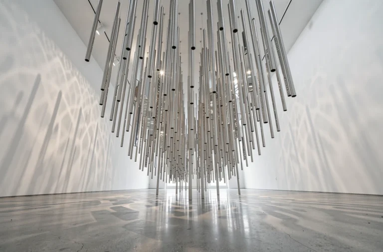 Sculpture cinétique en aluminium suspendue dans une galerie d'art contemporaine avec reflets optiques sur murs blancs