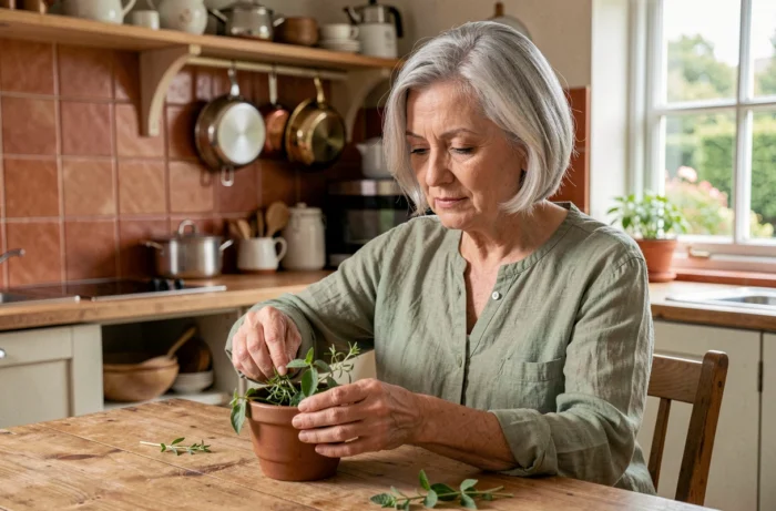 Femme senior aux cheveux argentés arrangeant des herbes fraîches dans sa cuisine, ambiance chaleureuse et bien-être au quotidien