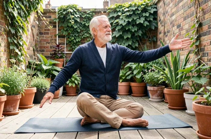 Senior homme pratiquant des exercices d'étirement doux sur une terrasse verdoyante, qualité de vie et activité physique pour les personnes âgées