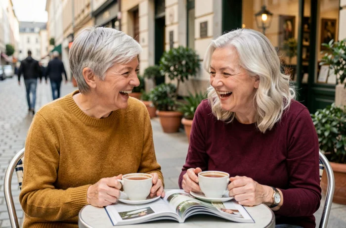 Deux femmes seniors riant ensemble en terrasse de café autour d'un thé, lien social et qualité de vie pour les personnes âgées