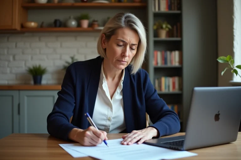 Femme adulte remplissant un formulaire de signalement scolaire à son domicile, avec des documents administratifs sur la table