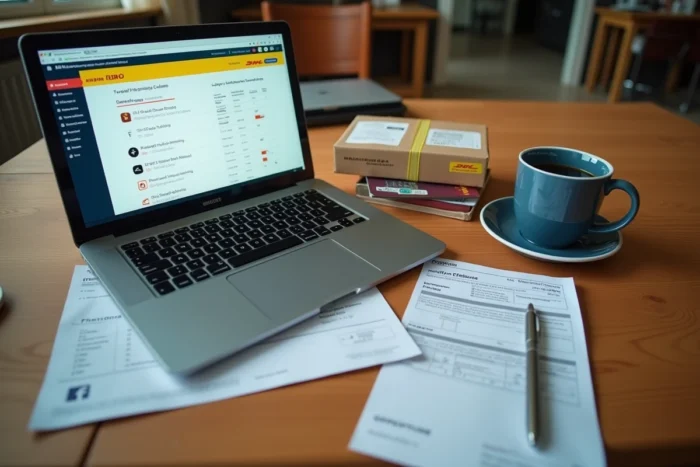 Bureau avec ordinateur affichant un suivi de colis DHL retardé et documents d'expédition internationale pendant une période de grève