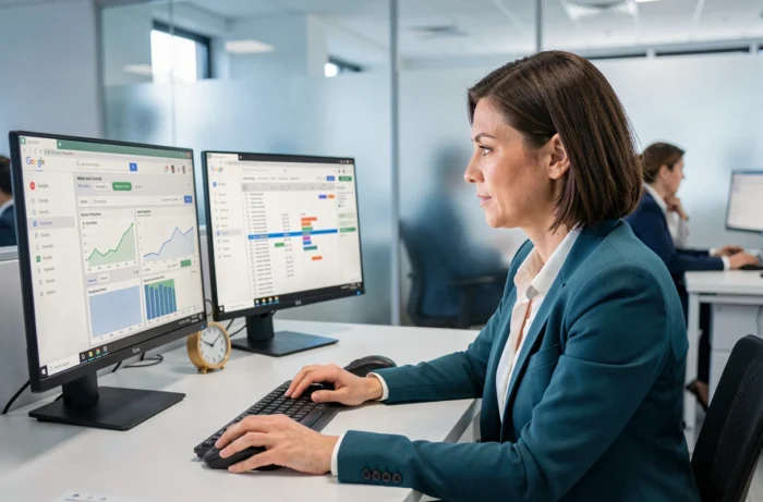 Une analyste SEO consultant des tableaux de bord de suivi de positions et d'ajustement de stratégie mensuelle sur deux écrans
