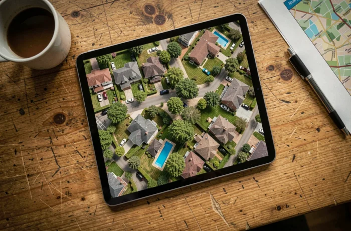 Vue de dessus d'une tablette affichant une carte satellite de maisons résidentielles posée sur une table en bois