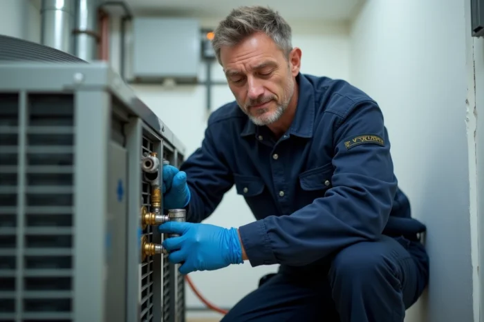 Technicien chauffagiste effectuant la maintenance d'une pompe à chaleur dans une chaufferie résidentielle