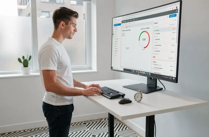 Un développeur web analysant les performances de chargement d'un site sur un moniteur ultrawide avec une jauge de vitesse