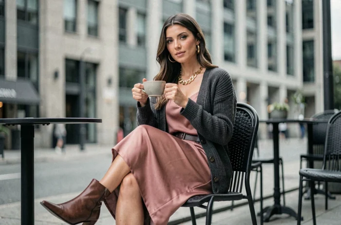 Femme en robe satin rose poudré et cardigan gris anthracite attablée en terrasse de café, style mode tendance superposition de matières