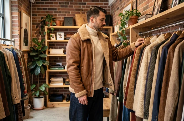 Homme tendance en pull col roulé crème et veste shearling chocolat dans un concept store vintage au décor en brique, mode automne-hiver
