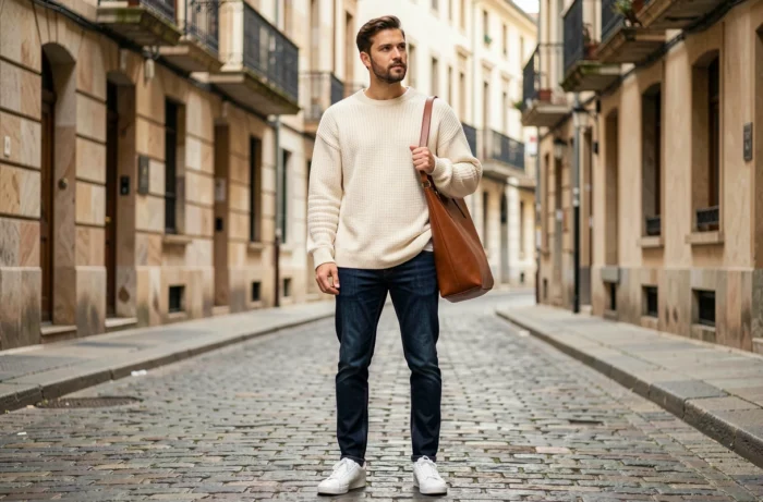 Homme tendance en pull oversize et jean indigo posant dans une rue pavée européenne avec architecture en pierre