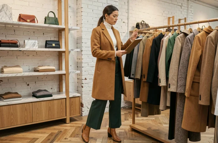 Femme élégante en manteau camel explorant les nouvelles tendances mode de la saison dans une boutique parisienne raffinée