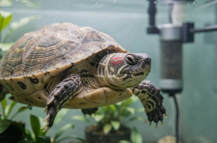 Gros plan d'une tortue d'eau flottant en surface avec les membres tombants, signe clinique potentiel de mort ou de maladie grave