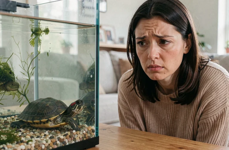 Femme observant une tortue d'eau immobile au fond d'un aquarium domestique, signe possible de détresse chez le reptile