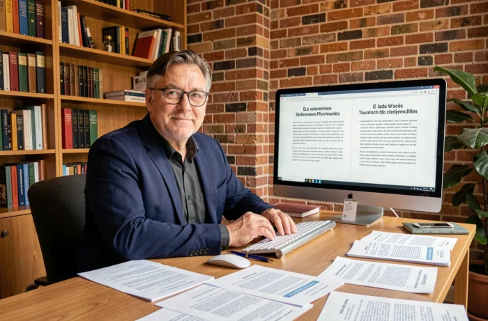 Traducteur professionnel travaillant sur des documents multilingues dans un bureau à domicile