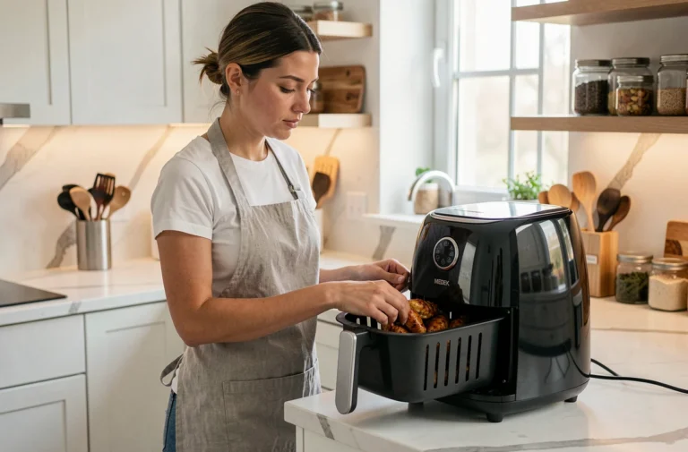 Femme plaçant des ailes de poulet dans un air fryer Medek sur un plan de travail en marbre dans une cuisine moderne