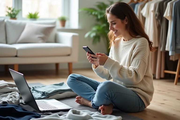 Femme vendant des vêtements en ligne sur une alternative à Vinted, entourée de vêtements d'occasion triés sur un parquet en bois