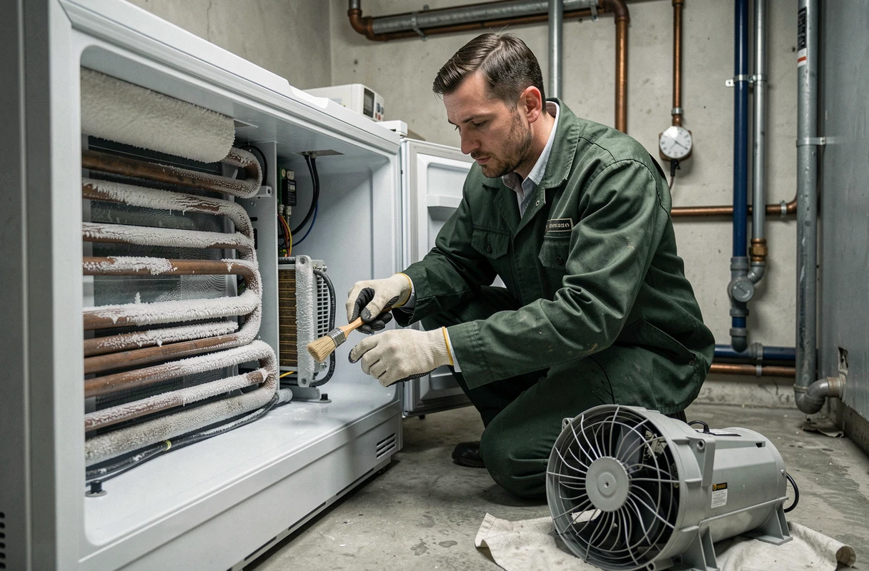Technicien inspectant le circuit de dégivrage et le ventilateur à l'intérieur d'un frigo américain démonté