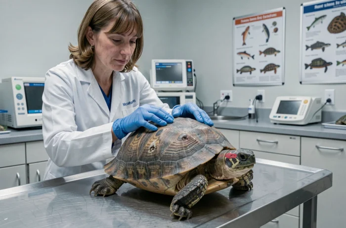 Vétérinaire examinant une tortue d'eau domestique sur une table d'examen pour identifier les signes de mort ou de maladie terminale