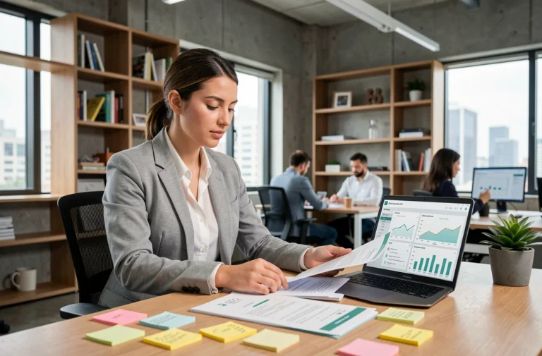 Une professionnelle en blazer gris analysant une stratégie SEO sur son bureau dans un open space moderne