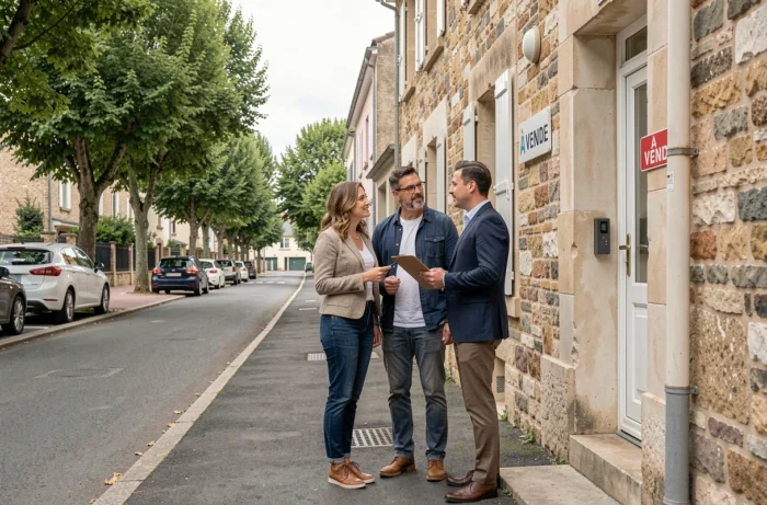 Couple visitant un bien immobilier à vendre accompagné d'un agent immobilier en banlieue résidentielle