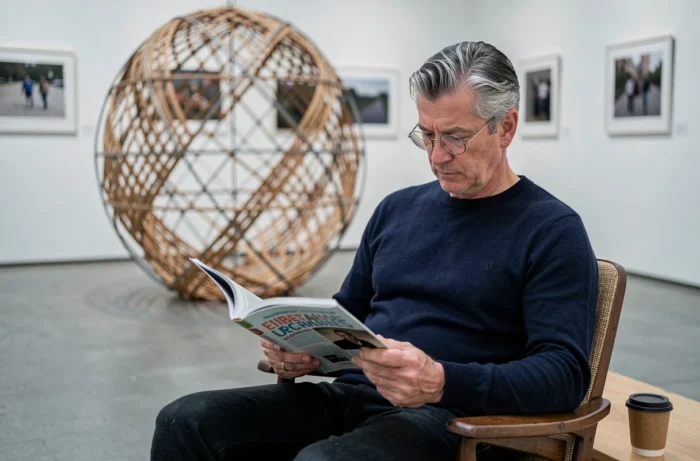 Homme cultivé lisant un magazine artistique dans une galerie d'art contemporain aux murs blancs et sol en béton