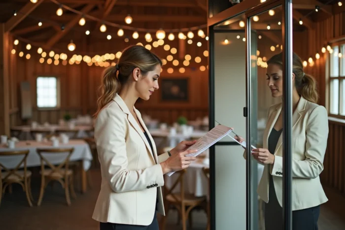 Wedding planner mesurant la hauteur idéale d'un photobooth miroir dans une grange décorée pour un mariage rustique
